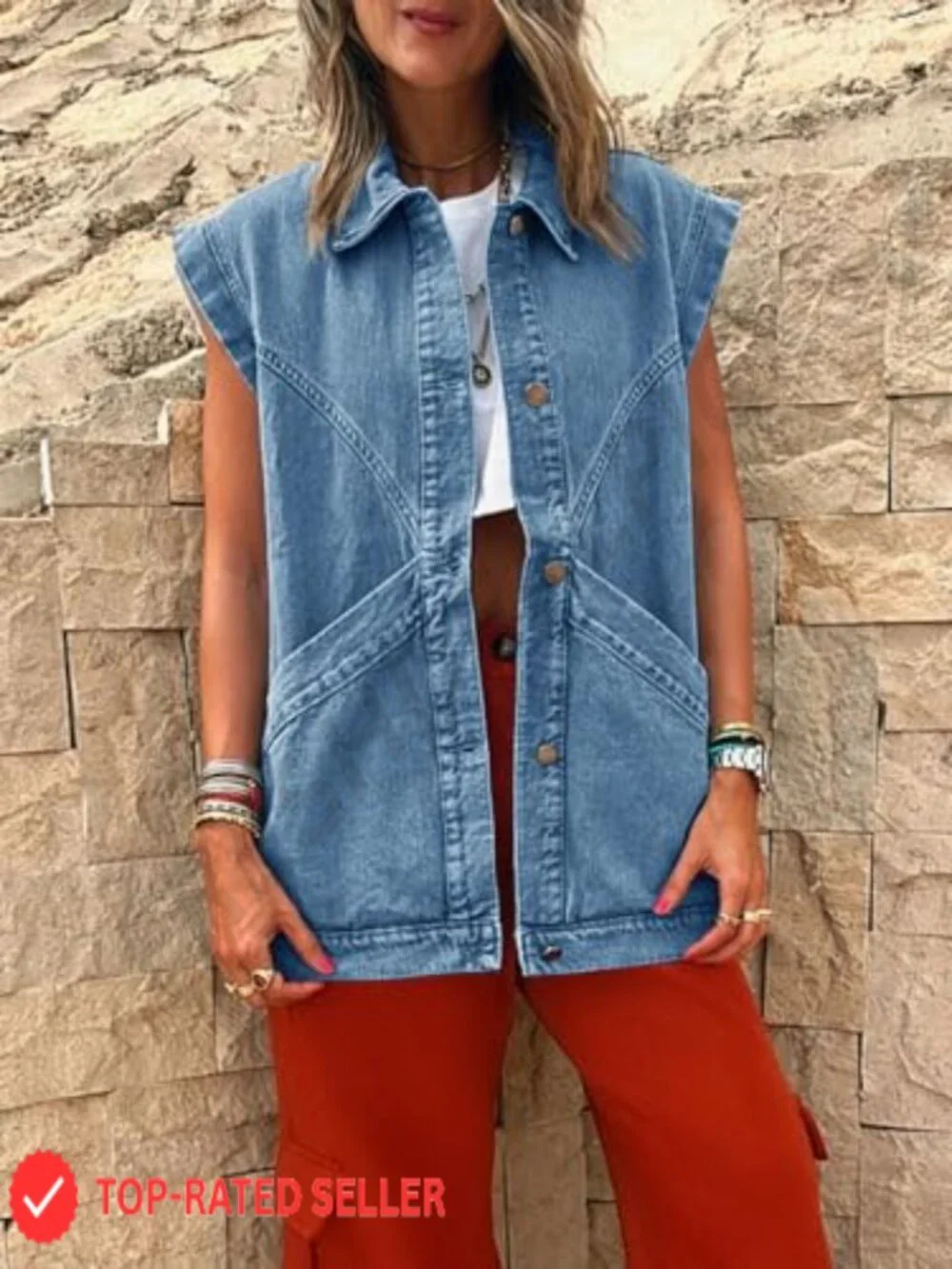 Oversized Denim Vest Sleeveless Button Down Casual Western Women's Jean Vest Top